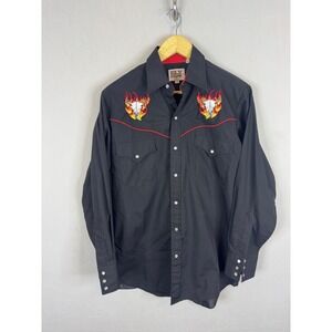 Ely Cattleman Mens Black Western Pearl Snap Shirt Bull Skull Flame Embroidery S‎